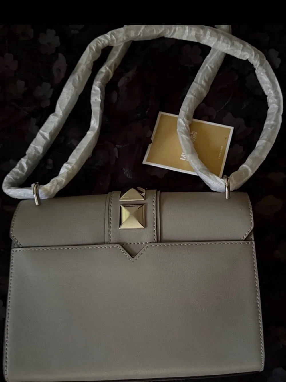 Michael Kors Pearl Gray Leather Shoulder Bag with Silver Pyramid Hardware